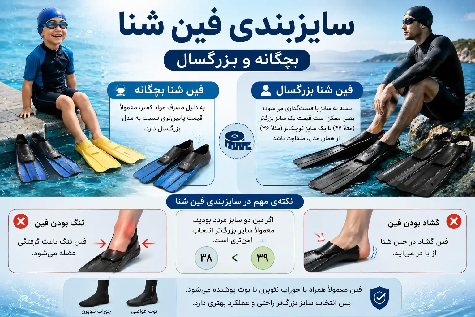 سایزبندی فین شنا: بچگانه و بزرگسال