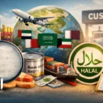 صادرات به کشورهای GCC؛ لیبل عربی، تاریخگذاری و الزامات حلال تصویر مفهومی صادرات به کشورهای GCC با نمایش لیبل عربی، تاریخگذاری تولید و انقضا، نشان حلال و نمادهای حملونقل و گمرک_اوان تجارت