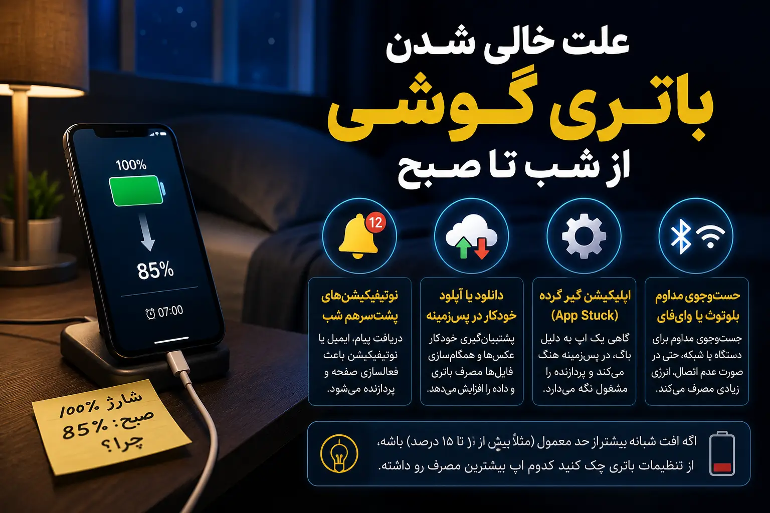 علت خالی شدن باتری گوشی از شب تا صبح